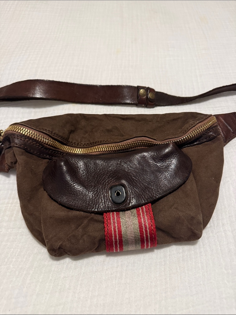Campomaggi Brown Canvas & Dark Brown Leather Belt Bag with Red Stripe